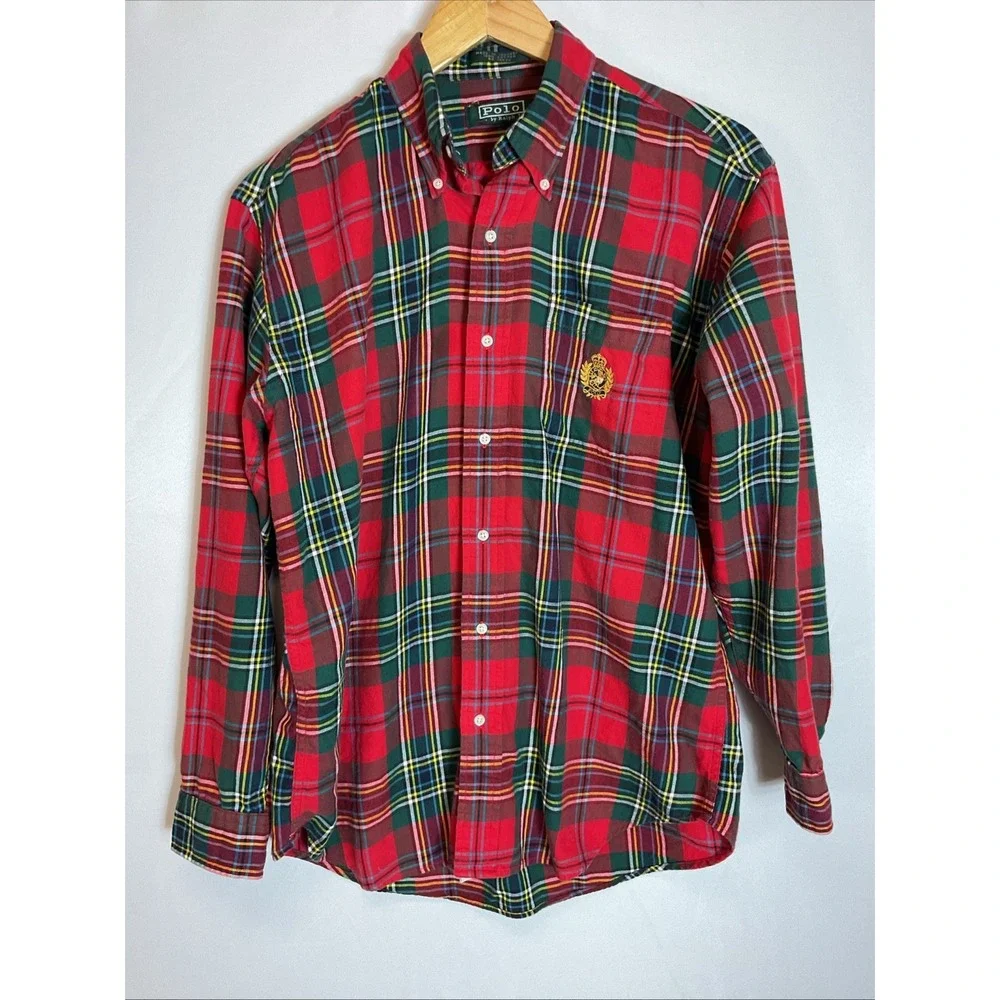 Vtg Polo Ralph Lauren Tartan Red Plaid Flannel Youth XL Crest Holiday Christmas